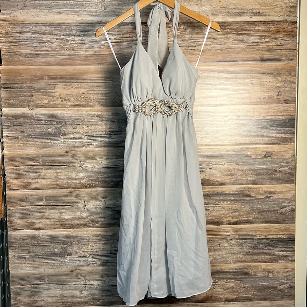 Light Gray Halter Formal Prom Dress  Diamond Studded Belt Size Small